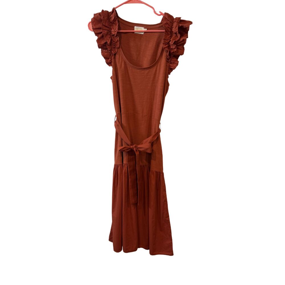 Nation LTD Rust Orange Everleigh Frilly Midi Scoop Neck Dress Size M 100% Cotton